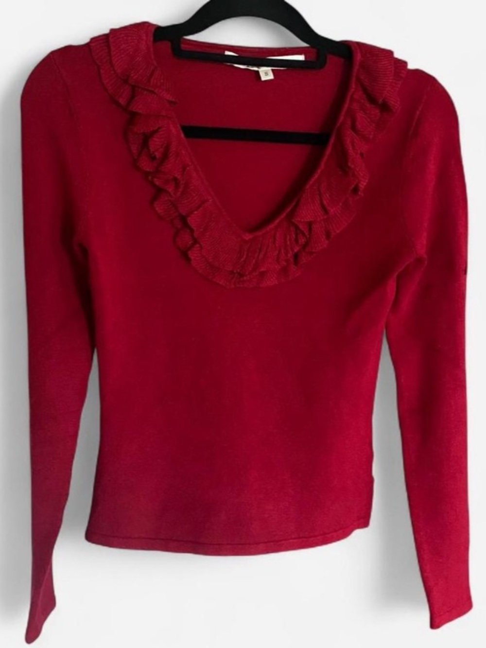 Max Studio Red Ruffle V-Neck Luxurious Sweater